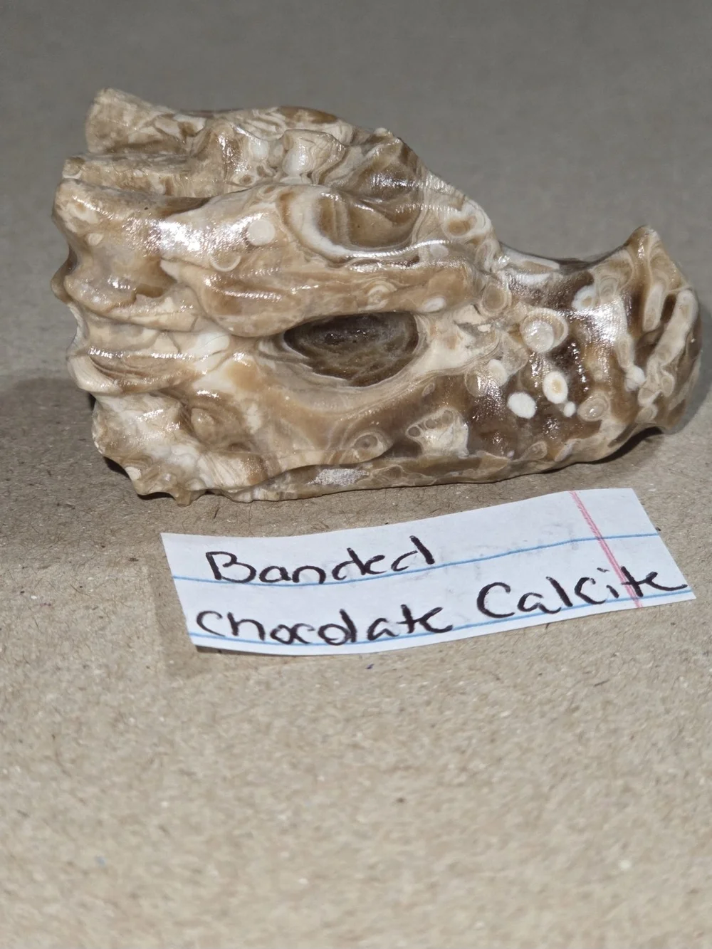 Detailed Banded Chocolate Calcite Crystal Carved Dragon Head Stone Sculpture